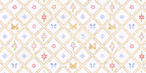 Delicate floral and butterfly pattern on a light beige diamond background