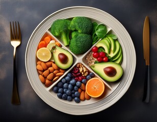 balanced meal plate plan top view of a plate with balanced portions of food a concept of nutrition diet and healthy eating