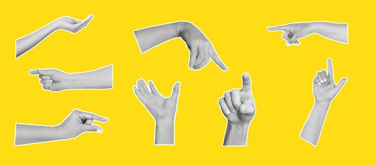 Obraz premium Woman and man hands doing different gestures on a yellow background