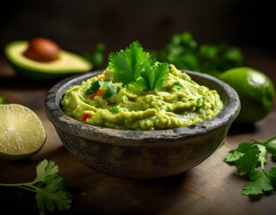 freshly made guacamole in a rustic stone bowl with lime wedges and cilantro a flavorful dip perfect for parties and gatherings ideal with tortilla chips or as a topping
