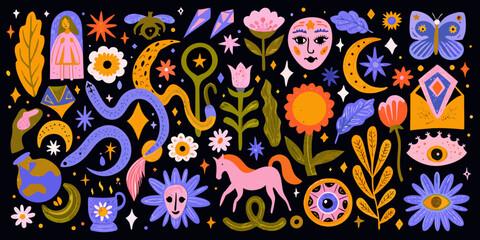 Fototapeta premium Whimsical illustration of celestial and floral motifs with mystical creatures