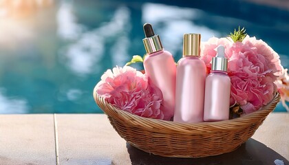 luxury floral skincare product mockup bottles in pink with blank labels in a woven basket by a sunlit pool for spa and wellness
