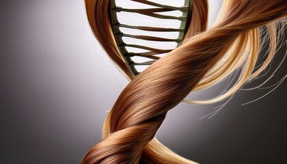 an image of a strand of hair twisted to resemble dna the hair is brown with blonde highlights the background is a neutral grey the image is clean and precise