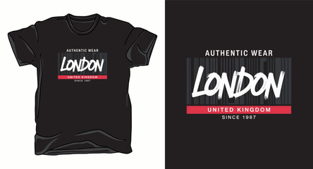 Modern London t-shirt design with brush script typography and barcode background united kingdom since 1987 print © T-shirts Zone