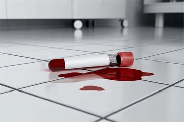 spilled blood sample vial on lab ground. Biohazard risk accient