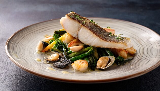 fried hake fillet with seafood