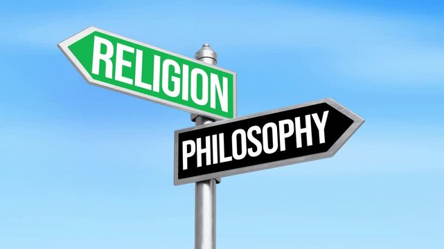 Religion and philosophy concept with signpost under clear blue sky for spiritual and intellectual exploration journey, 4k