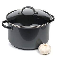 Gray pot with a glass lid and garlic bulb next to it, on a white surface, clean, simple