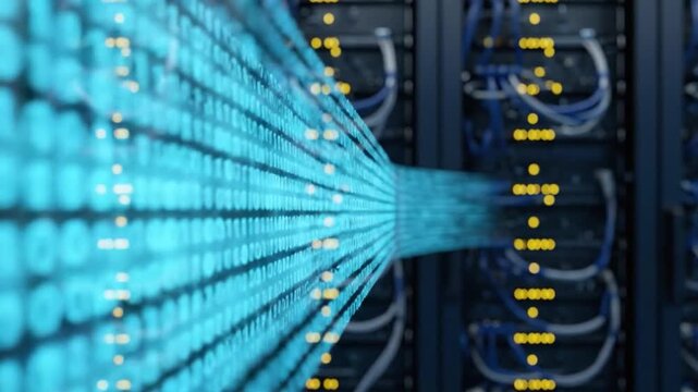 Abstract Blue Matrix Code Flowing Over Server Rack Infrastructure Background