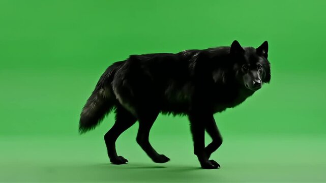Majestic black wolf walking gracefully on a green screen background perfect for compositing into dynamic scenes and adding wildlife elements to creative projects