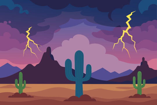 Thunderstorm Over Desert With Massive Lightning