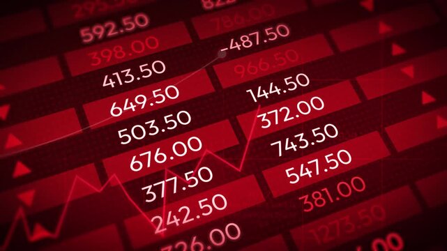 Red stock market chart depicting declining numbers and arrows illustrating financial downturn and economic recession analysis background, 4k