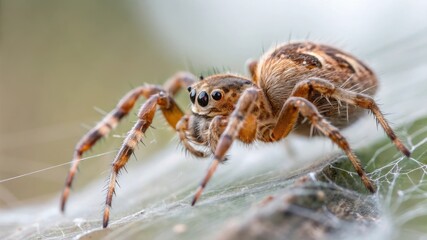 Close-Up of a Brown Spider Crawling on a Web in Natural Outdoor Environment