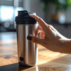 Close-up Hand Touching Stainless Steel Water Bottle with Black Lid on Wooden Table with Sun Flare Lighting
