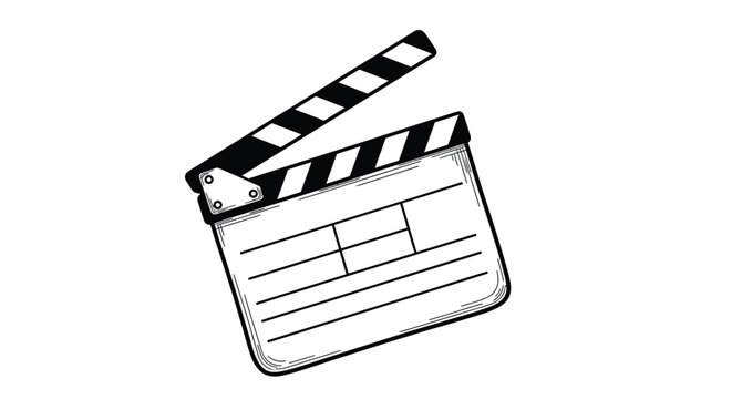 Simple black and white line art drawing of a classic film clapperboard isolated on a clean white background ready for production notes