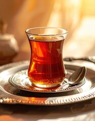 Warm Amber Tea in a Traditional Glass Cup on an Ornate Silver Tray with Soft Golden Backlight Creating a Cozy Ambiance