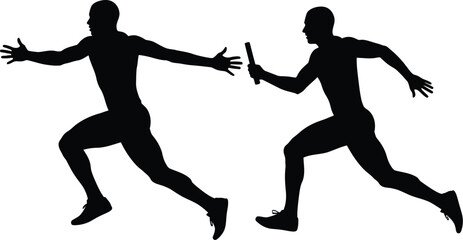 Two silhouetted runners passing a baton in a relay race action athletic event