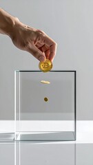 Male Hand Dropping Golden Coin Into Clear Glass Cube With Floating Coins And Subtle Shadows In A Studio Setting