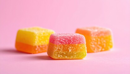Three colorful fruit jelly candies with sugar coating arranged on a soft pink background in studio lighting