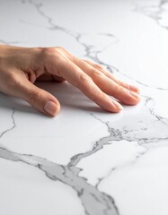 Close Up Of A Gentle Female Hand Resting On A White Marble Surface With Subtle Grey Veins Under Soft Natural Light