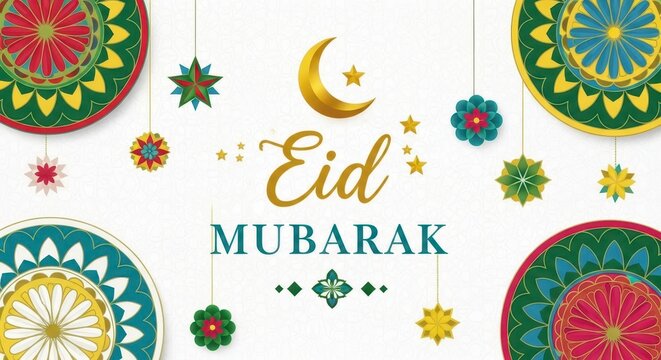 Festive eid mubarak greeting card design with colorful decorations and a golden crescent moon and star illustration