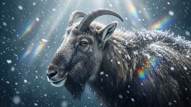 Majestic Japanese Serow with Horns in Falling Winter Snow