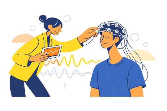 Image Generation. Brain Signal Monitoring Devices. A close-up head and upper body show outlined electrodes and