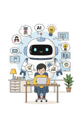 Artificial intelligence robot assistant supporting student at desk vector illustration