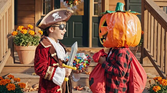 Child in pirate costume holding candy bowl