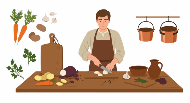 Peasant cook in rustic attire chopping vegetables, including onions and potatoes, preparing food with traditional kitchen tools and ingredients.