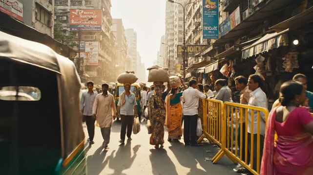 Busy street market with people and auto rickshaws