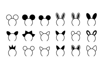 A collection of various animal ear headbands in a minimalist line art style