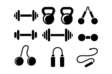 A set of black silhouette fitness icons including dumbbells and kettlebells on a white background