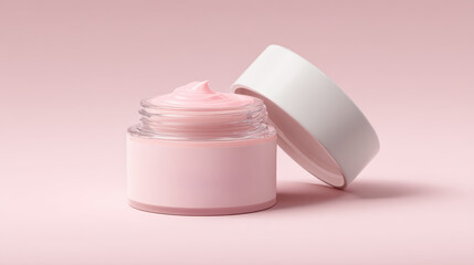 Pink cream in an open glass jar presenting a smooth, luxurious texture, symbolizing beauty, wellness, skincare, and hydration for cosmetic product concepts