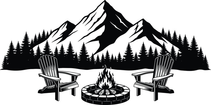 Mountain landscape vector with campfire and Adirondack chairs in forest clearing, outdoor camping adventure scene, black and white nature illustration.