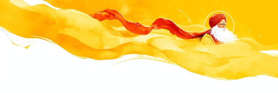 Watercolor illustration of an old Sikh man with a red turban. Spiritual wisdom and tradition for a happy life. Religious observance and cultural art. Banner with copy space