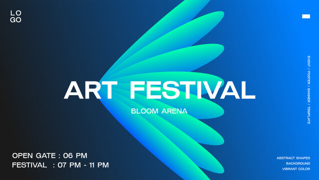Bloom abstract shape gradient banner template. Modern vibrant neon color poster design. Futuristic background for flyer, cover, card. Vector illustration for event and music. Deep blue and tosca