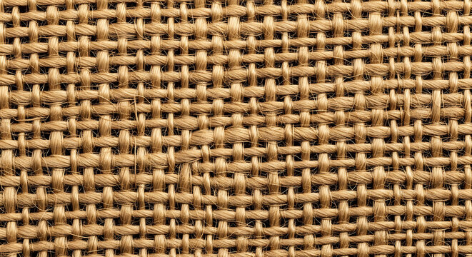 Close up of Natural Brown Burlap Fabric Texture with Detailed Jute Fiber Weave Pattern