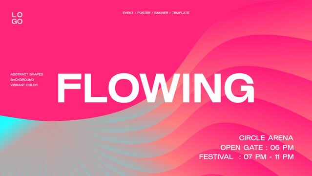 Flowing abstract shape gradient banner template. Modern vibrant neon color poster design. Futuristic background for flyer, cover, card. Vector illustration for event and music. Pink and blue