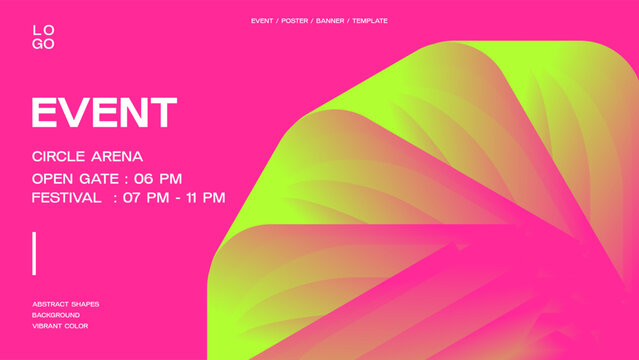 Geometric abstract shape gradient banner template. Modern vibrant neon color poster design. Futuristic background for flyer, cover, card. Vector illustration for event and music. Pink, yellow