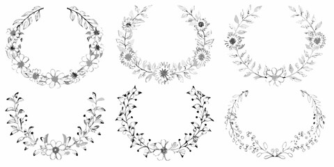 Floral wreaths and garlands delicate botanical illustrations in black and white © Savankar