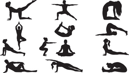 Yoga poses silhouettes set &ndash; mixed male and female fitness and meditation vector illustration