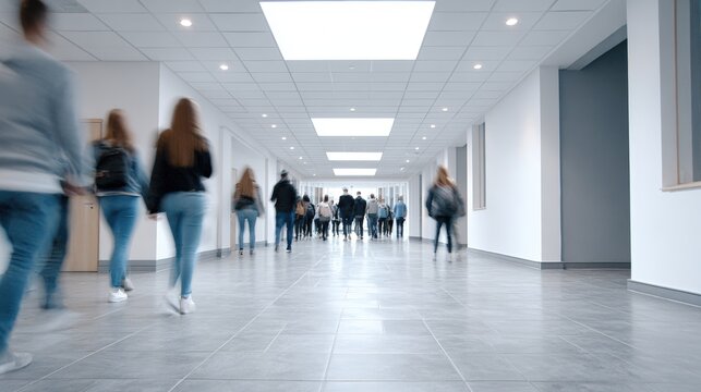 Students walking through a modern college corridor with bright overhead lights, large windows, and a spacious layout, showcasing a contemporary educational environment and active campus life