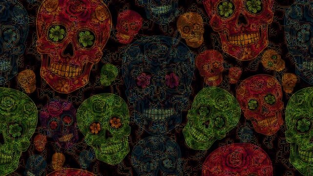 Vibrant skulls in various colors and patterns are densely arranged against a dark background from a direct viewpoint