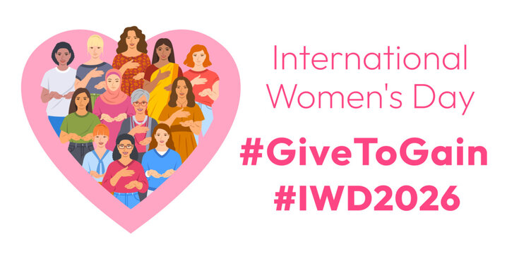 Give to Gain campaign pose. International Women's Day 2026. Diverse women demonstrate open palms giving gesture, with hand on their hearts to show generosity, collaboration and support for all women