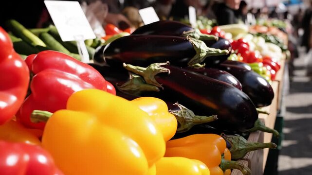 Colorful bell peppers and eggplants at market