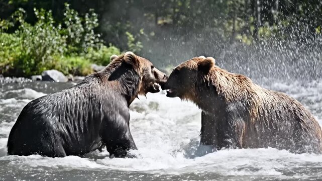 Two bears fighting in a river
