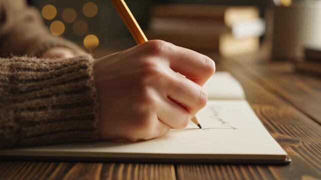 Person writing in notebook with pencil