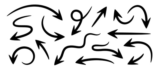 Black arrow, hand drawn stroke set. Arrow pack, sketch pointer, direction indicator. Arrow set. Collection infographic arrow. Professional symbol collection, business infographic. Vector Illustration