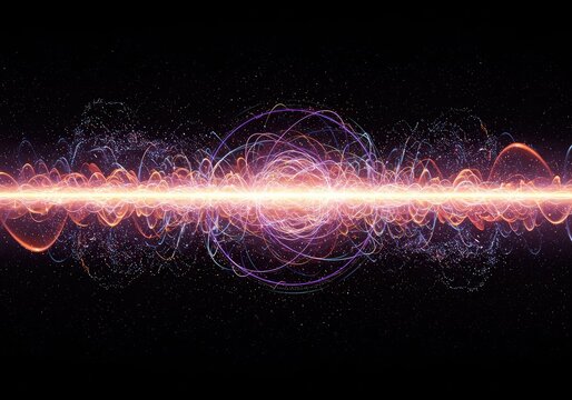 Abstract visualization of subatomic particle movement, showing complex energy flow and quantum wave functions in vibrant, ethereal light ,aura ,background ,abstract
